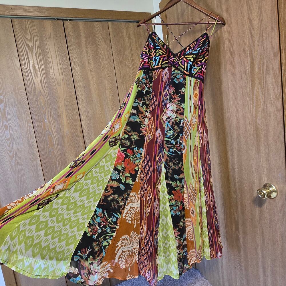 Anthropologie Multi Print V Neck Embroidered Geometric Maxi Dress - Picture 6 of 14